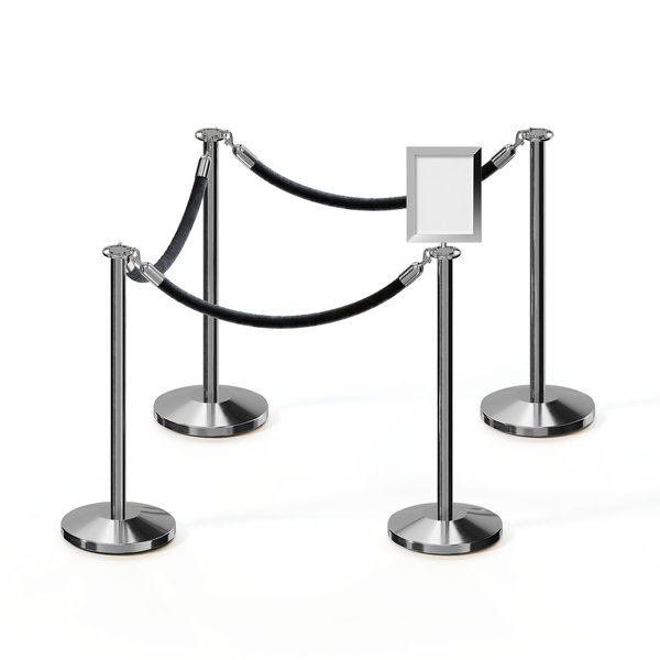 Montour Line Stanchion Post & Rope Kit Pol.Steel, 4FlatTop 3Blk Rope 8.5x11V Sign C-Kit-3-PS-FL-1-Tapped-1-8511-V-3-PVR-BK-PS